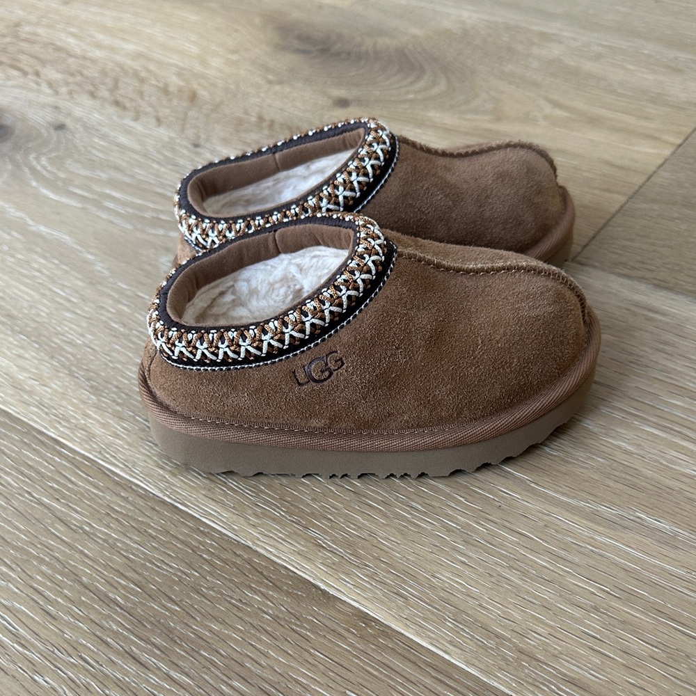 UGG Tan Suede Slippers with Patterned Trim